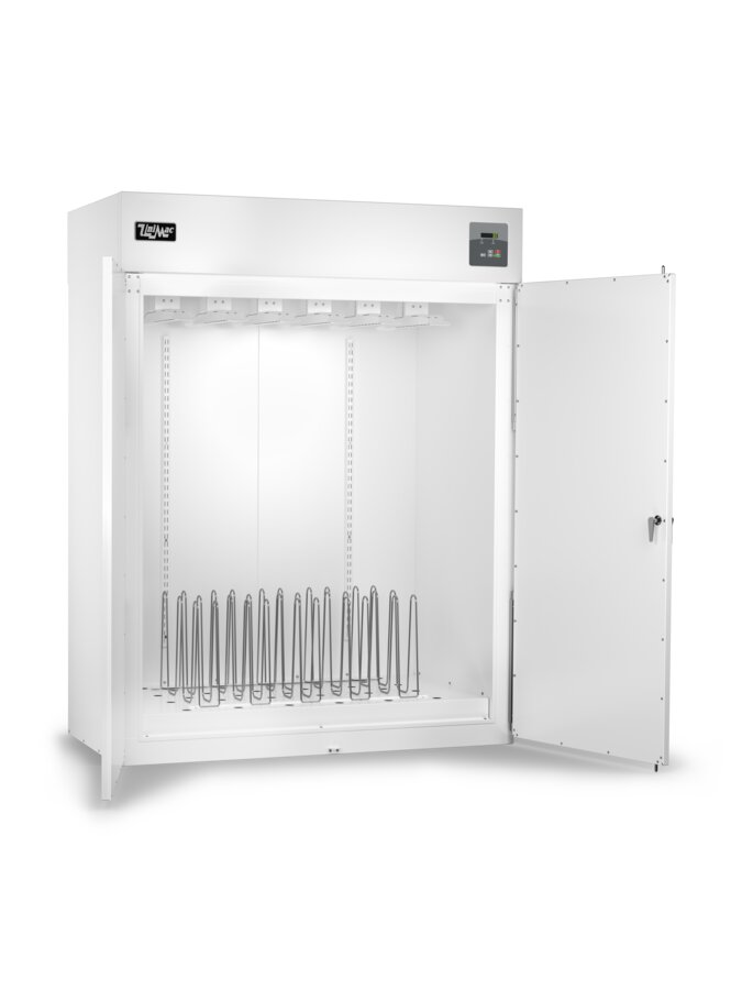 UniMac UTGC drying cabinet open showing internal racks